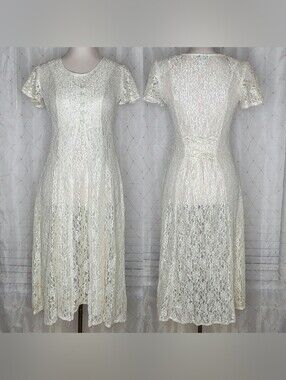 Vtg 80s 90s Cream Sheer Lace‎ Sheath Maxi Dress Romantic Timeless
